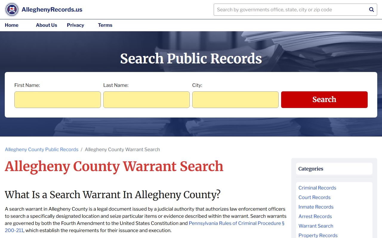Allegheny County bench warrants records and warrant search information