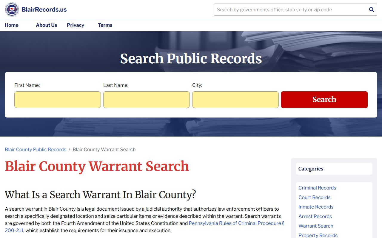 Blair County bench warrants court records and warrant search information