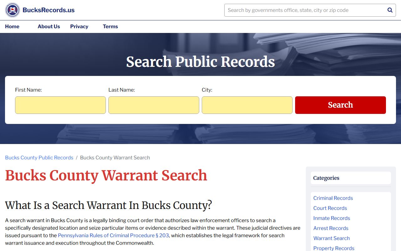 Bucks County bench warrants records showing warrant search procedures
