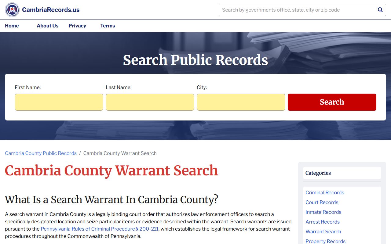 Cambria County court records search for bench warrants