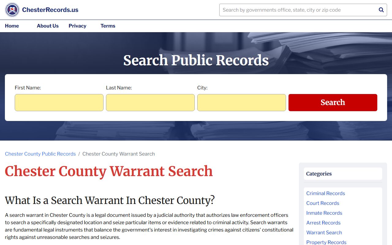 Chester County warrant records bench warrant search