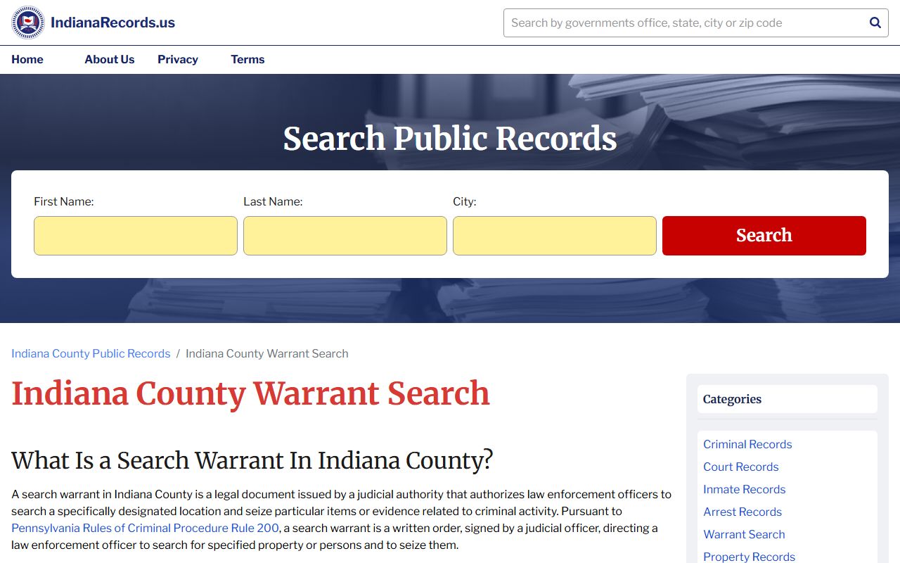 Indiana County warrant records and bench warrant search