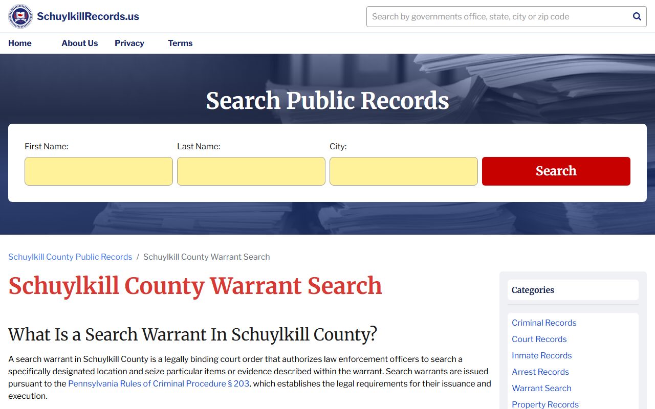 Schuylkill County bench warrants court record search and case lookup