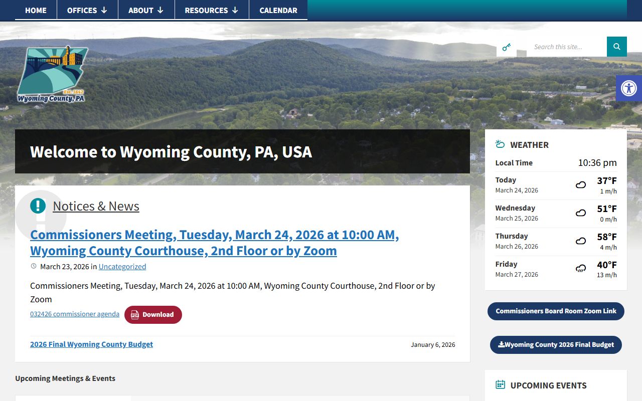Wyoming County government website for bench warrants and court record access