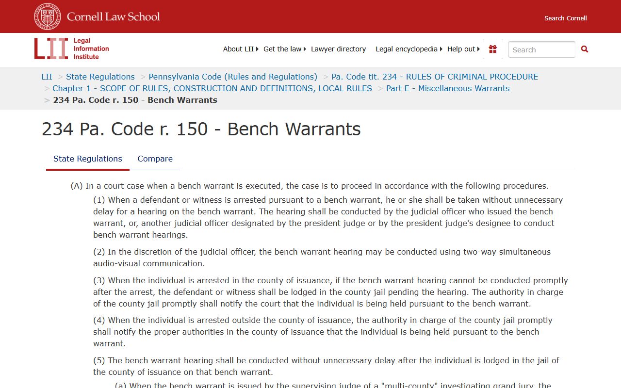 Cornell Law Pennsylvania bench warrants Rule 150 reference