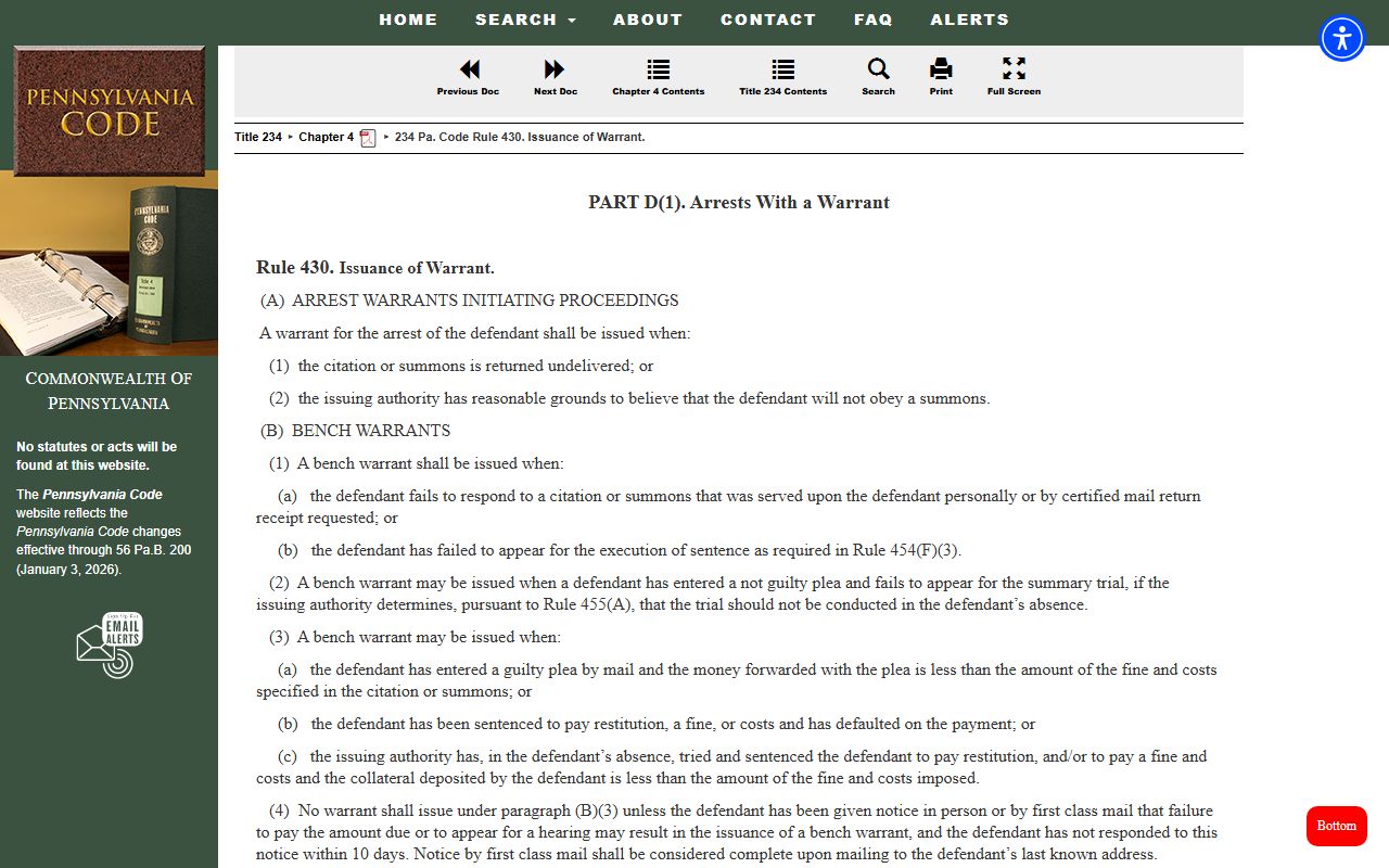 Pennsylvania Code Rule 430 bench warrants issuance rules