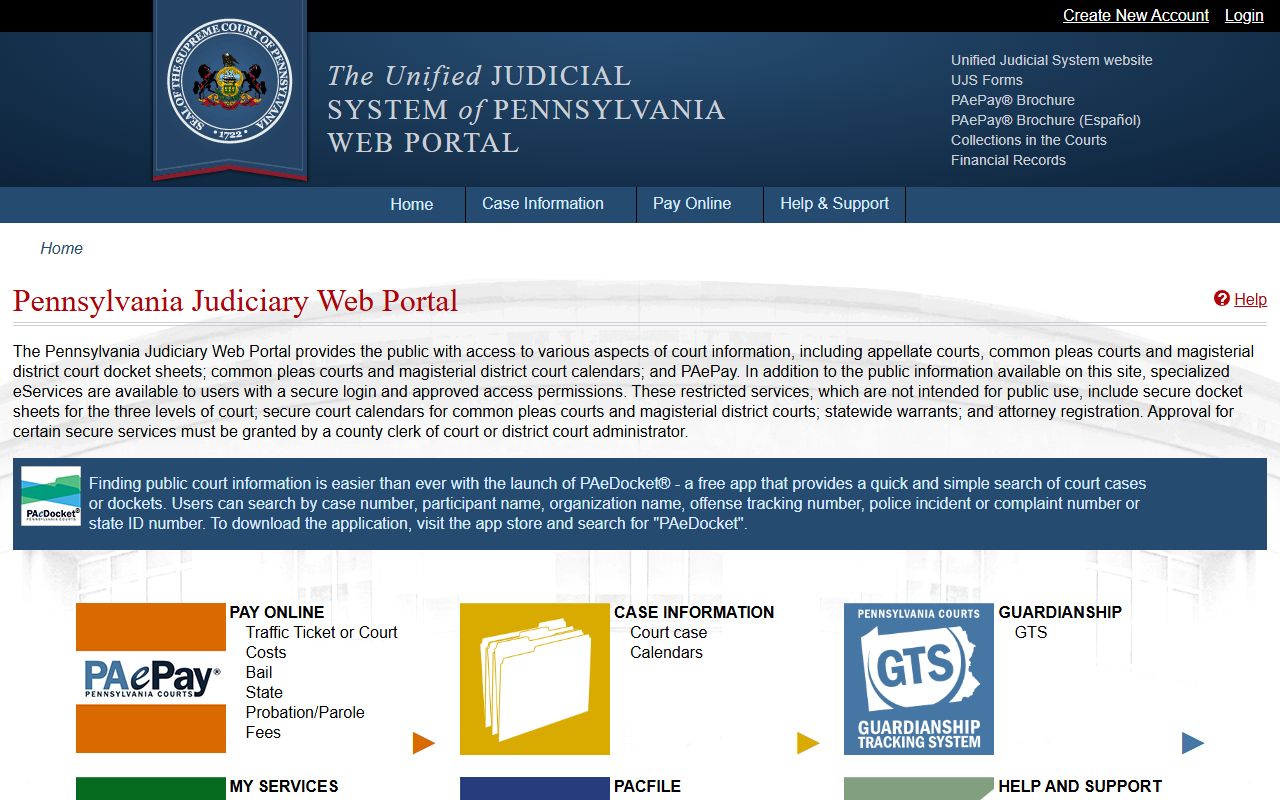 Pennsylvania Judiciary Web Portal for bench warrants search